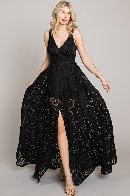 Black Jacquard Print Fabric Long Dress