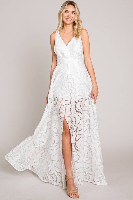 White Jacquard Print Fabric Long Dress