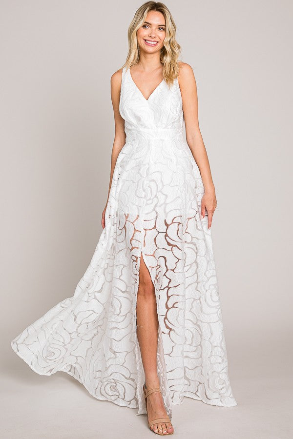 White Jacquard Print Fabric Long Dress