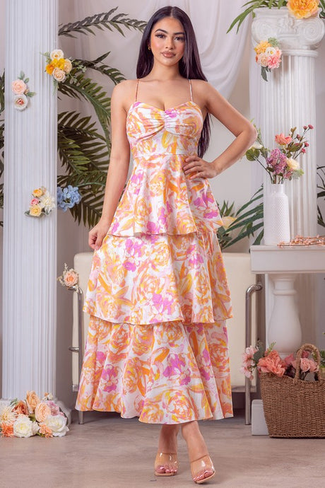 White Multi Print Ruffle Long Dress