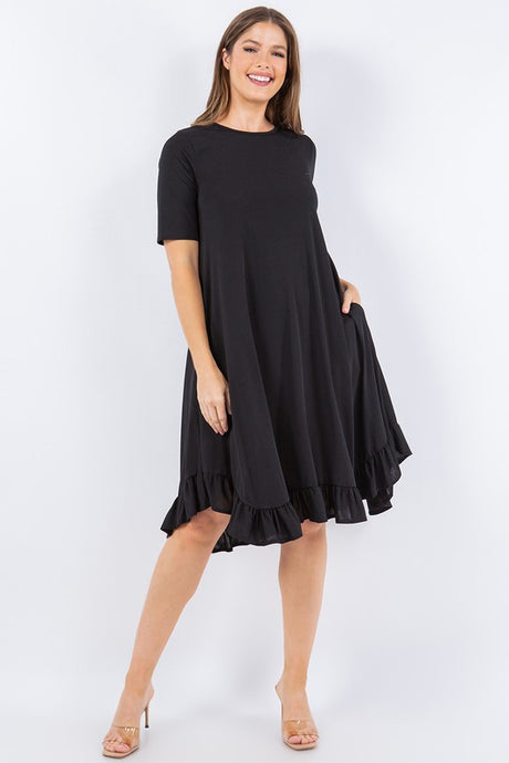 Black Short Sleeves Solid Ruffled Hem Dress With Side Pocketes
