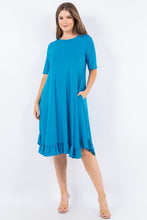 Aqua Blue Short Sleeves Solid Ruffled Hem Dress With Side Pocketes