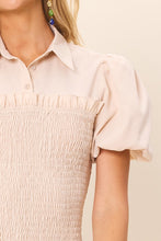Beige Half Button-Down Short Sleeved Smocking Mini Dress