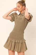 Washed Olive Half Button-Down Short Sleeved Smocking Mini Dress