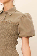 Washed Olive Half Button-Down Short Sleeved Smocking Mini Dress