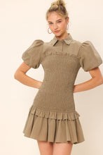 Washed Olive Half Button-Down Short Sleeved Smocking Mini Dress