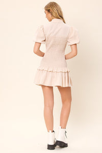 Beige Half Button-Down Short Sleeved Smocking Mini Dress