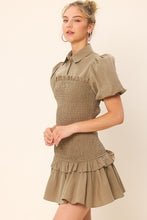 Washed Olive Half Button-Down Short Sleeved Smocking Mini Dress