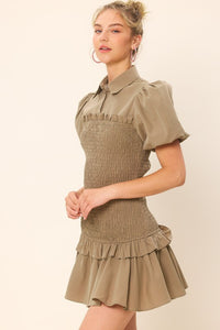 Washed Olive Half Button-Down Short Sleeved Smocking Mini Dress
