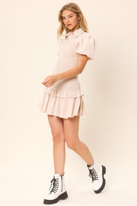Beige Half Button-Down Short Sleeved Smocking Mini Dress