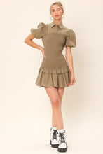 Washed Olive Half Button-Down Short Sleeved Smocking Mini Dress
