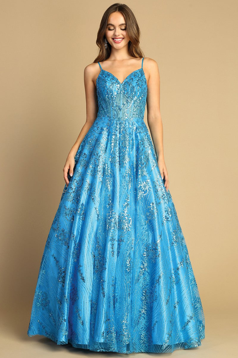 Turquoise Spaghetti Straps A Line Glitter Print Dress