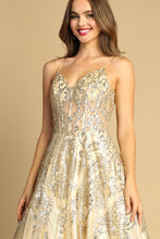 Champagne Spaghetti Straps A Line Glitter Print Dress