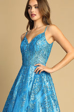 Turquoise Spaghetti Straps A Line Glitter Print Dress