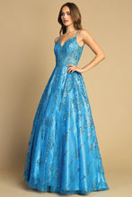 Turquoise Spaghetti Straps A Line Glitter Print Dress