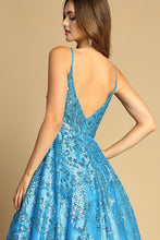Turquoise Spaghetti Straps A Line Glitter Print Dress