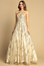 Champagne Spaghetti Straps A Line Glitter Print Dress