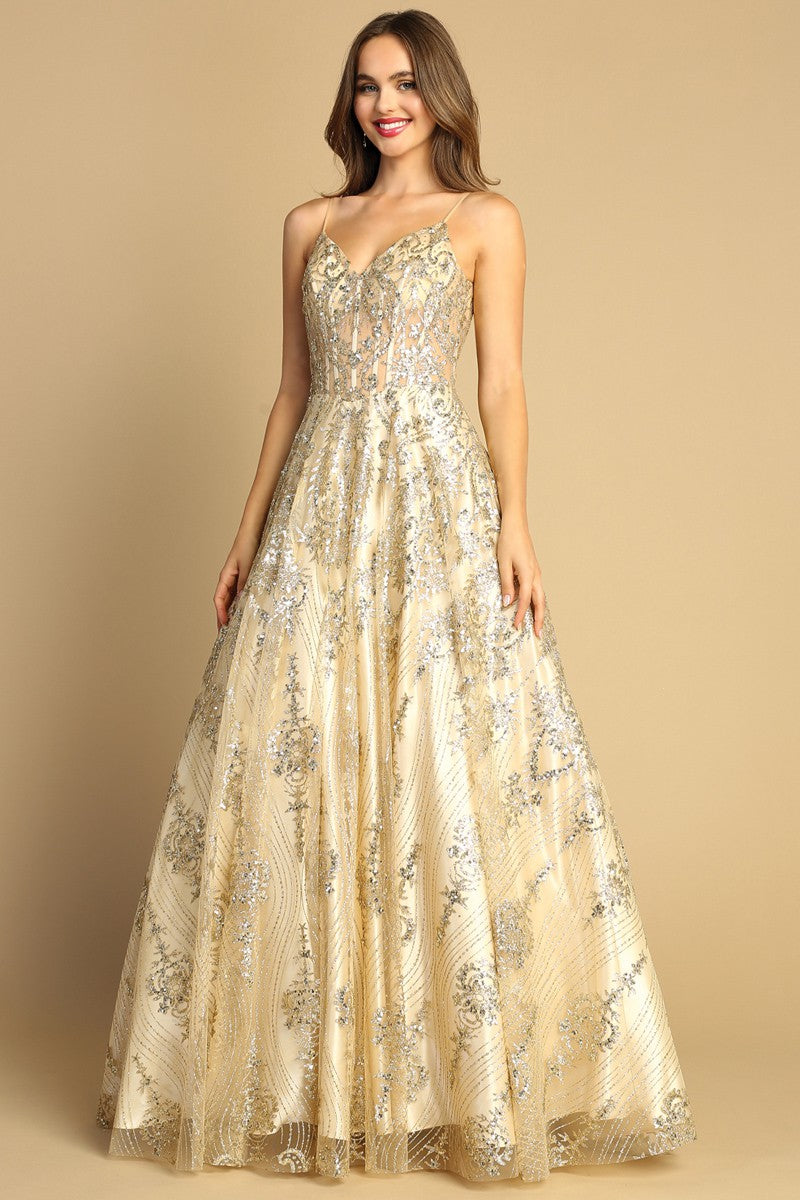 Champagne Spaghetti Straps A Line Glitter Print Dress