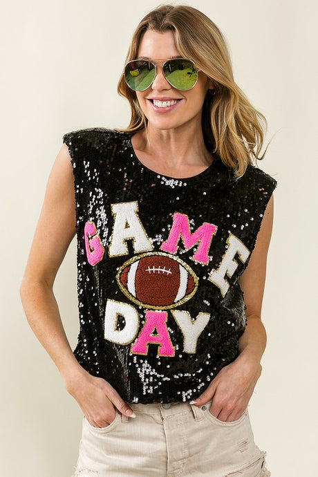 Black/Fuchsia Game Day And Football Patches Sequin Top