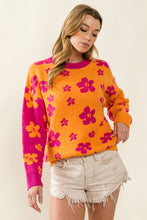 Orange/Fuchsia Floral Pattern Color Block Sweater