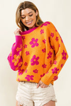 Orange/Fuchsia Floral Pattern Color Block Sweater