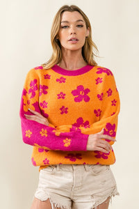 Orange/Fuchsia Floral Pattern Color Block Sweater