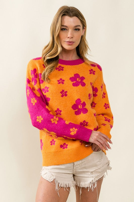 Orange/Fuchsia Floral Pattern Color Block Sweater