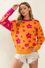 Orange/Fuchsia Floral Pattern Color Block Sweater