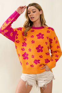 Orange/Fuchsia Floral Pattern Color Block Sweater