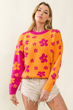 Orange/Fuchsia Floral Pattern Color Block Sweater