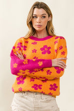 Orange/Fuchsia Floral Pattern Color Block Sweater