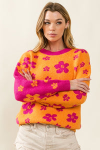 Orange/Fuchsia Floral Pattern Color Block Sweater