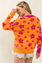 Orange/Fuchsia Floral Pattern Color Block Sweater