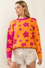 Orange/Fuchsia Floral Pattern Color Block Sweater