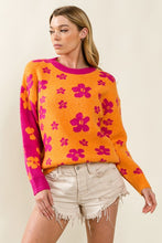 Orange/Fuchsia Floral Pattern Color Block Sweater