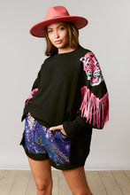 Black Loose Sweatshirt w/ Sequin Shoulder Tiger & Fringe
