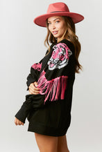 Black Loose Sweatshirt w/ Sequin Shoulder Tiger & Fringe