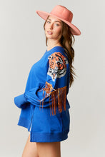 Royal Loose Sweatshirt w/ Sequin Shoulder Tiger & Fringe