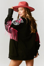 Black Loose Sweatshirt w/ Sequin Shoulder Tiger & Fringe