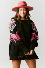 Black Loose Sweatshirt w/ Sequin Shoulder Tiger & Fringe