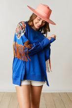 Royal Loose Sweatshirt w/ Sequin Shoulder Tiger & Fringe