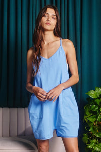 Blue Oversize Tank V-neck Solid Jersey Romper