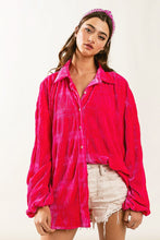 Fuchsia Wrinkle Effect Tiered Shirring Velvet Shirt