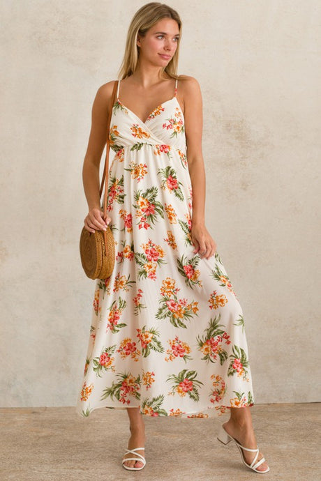 White Tropical Floral Print V Neck Cami Maxi Sundress