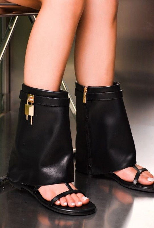 Black Womens Padlock Sheath Legwarmer Bootie Sandals