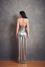 Gunmetal Metallic Halter Maxi Dress