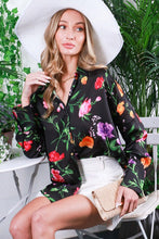 Black Floral Printed Satin Blouse Top