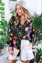 Black Floral Printed Satin Blouse Top