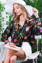 Black Floral Printed Satin Blouse Top