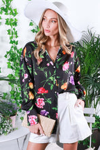 Black Floral Printed Satin Blouse Top